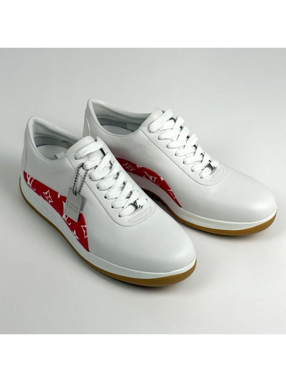 Louis Vuitton Logo Sneakers Monogram Supreme Shoes Leather White Red - Picture 8 of 9